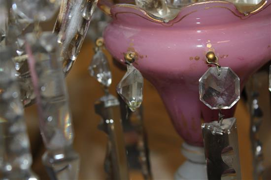 A pair of pink and white gilt decorated glass table lustres, total height 52cm